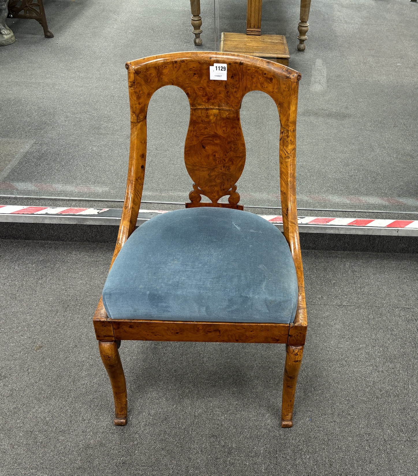 A Biedermeier burr wood salon chair, width 48cm, depth 40cm, height 82cm